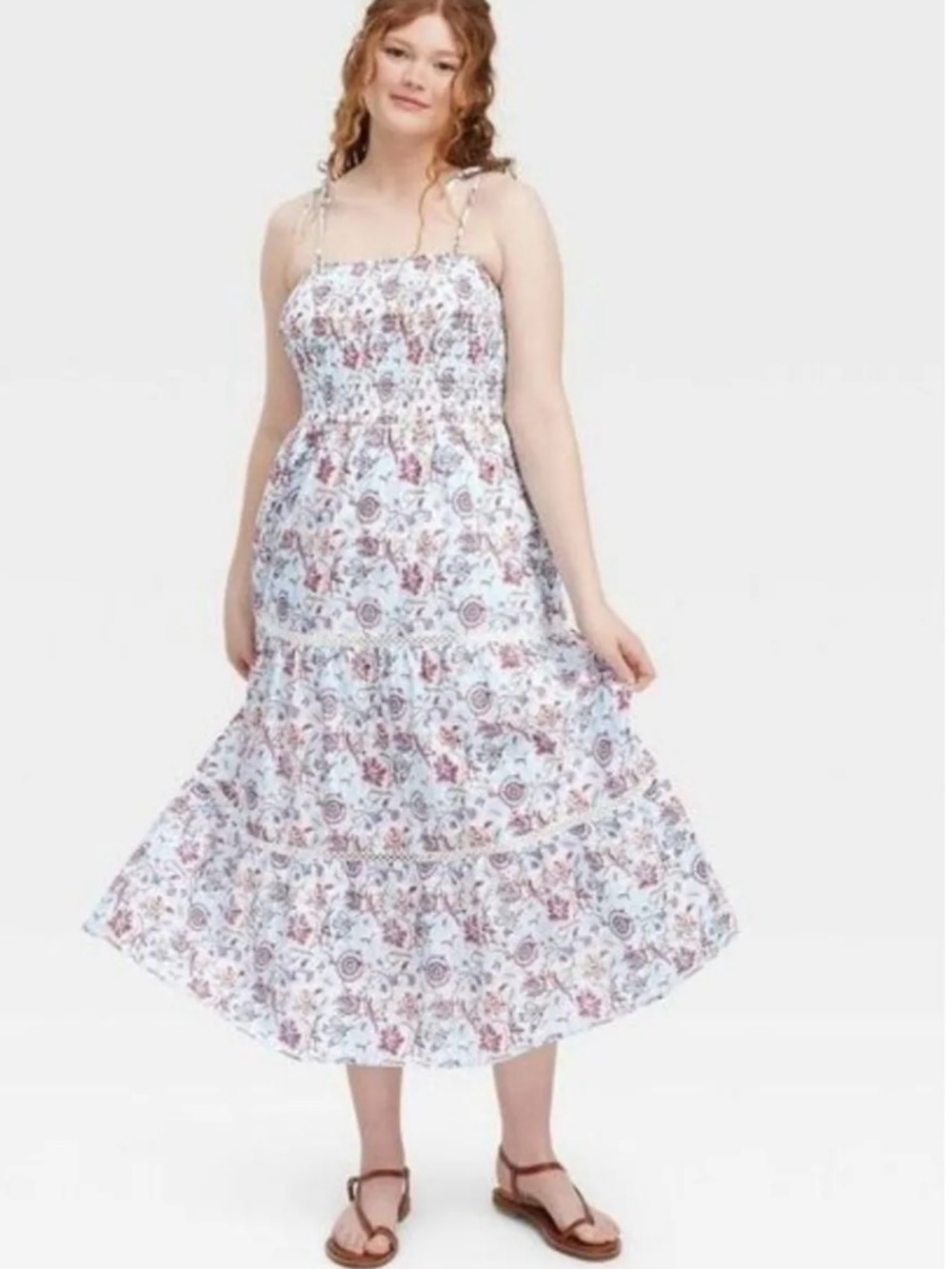 Target Roller Rabbit Light Blue Floral Smocked Maxi Dress with Pink and Maroon